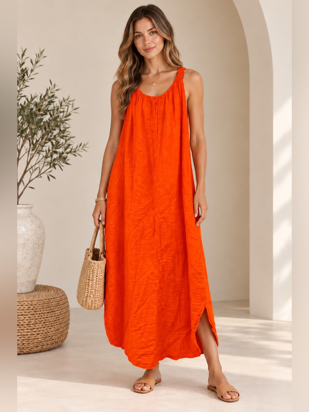 Old Navy Orange Cotton Maxi Dress Size S Tie Back Sleeveless